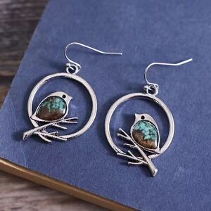 Vintage Silver Bird Earrings with Turquoise Accents
